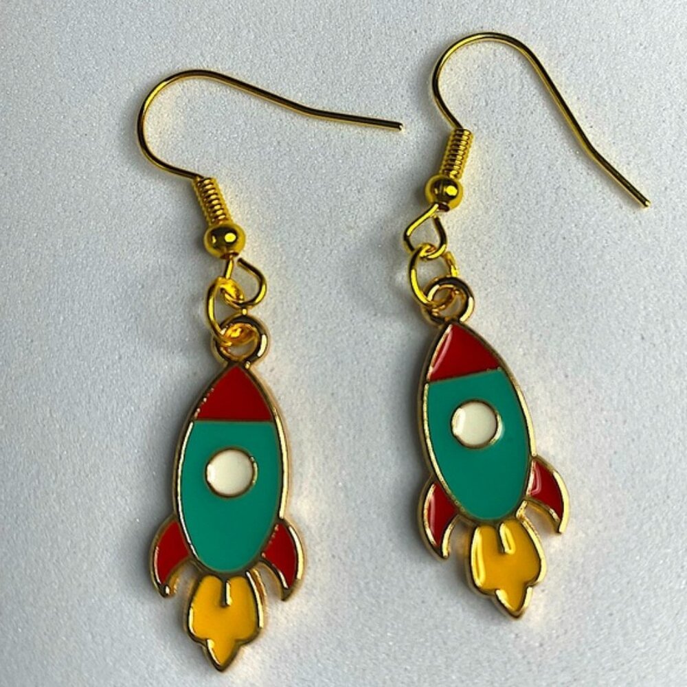 NWT - Rocket Ship Cute Space  Metal Dangle Earrings Gold Back - 1 inch
